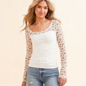 FP Movement by Free People Floral Lace Sleeve Cream Blouse